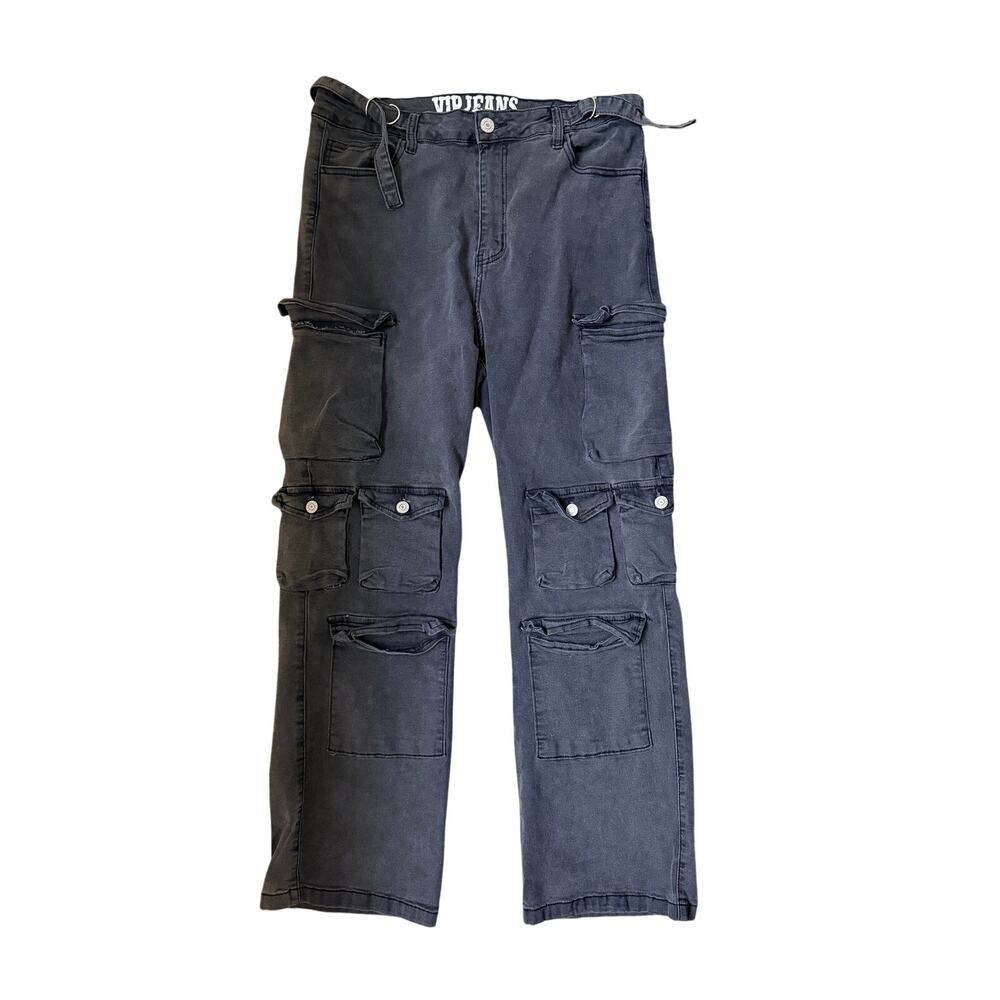 VIPJEANS Black Multi-Pocket Cargo Jeans Size 17/33 Streetwear Utility Pants y2k